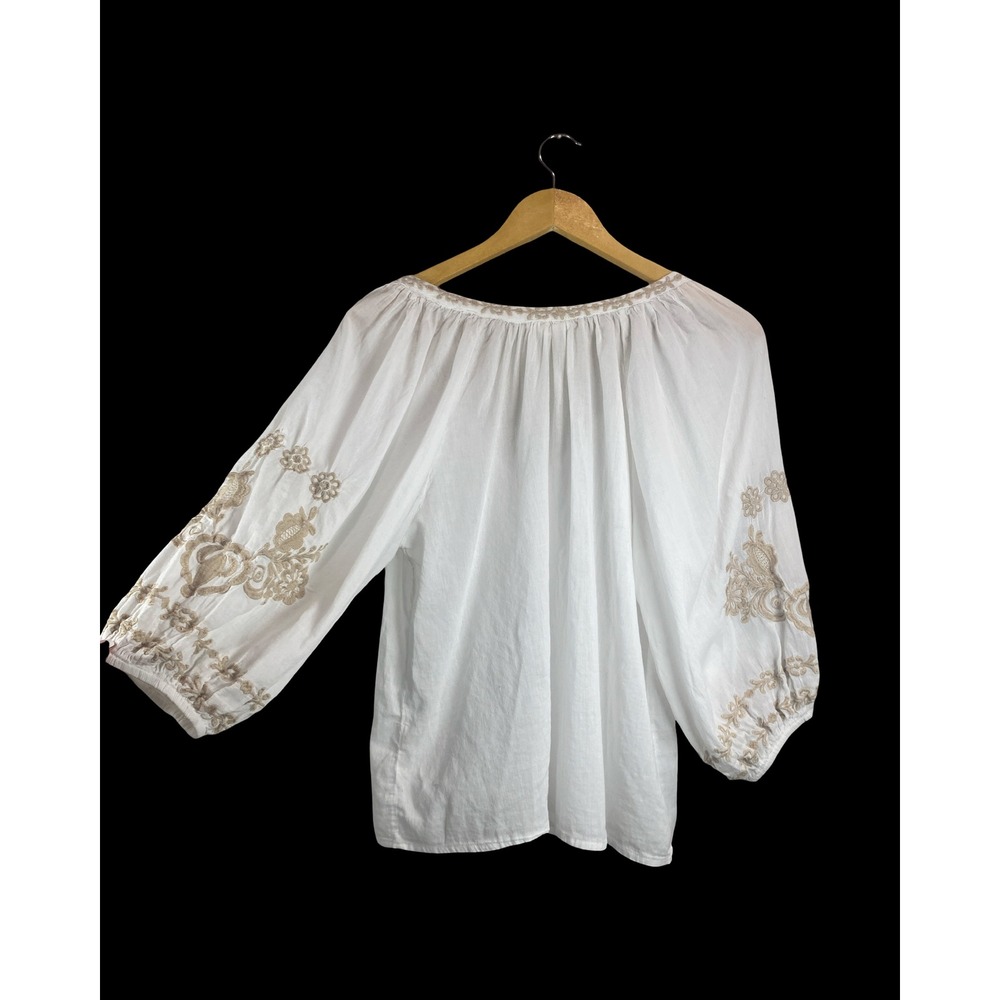 Artelier Nicole Miller White Embroidered Cotton Peasant Blouse Tassel Top S EUC - Picture 2 of 10